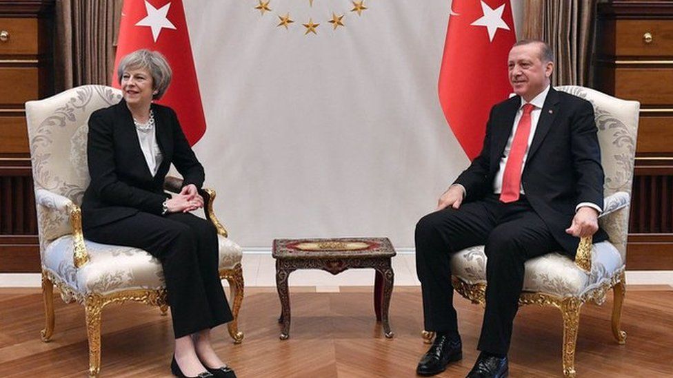 Prime Minister Theresa May meeting with the President of Turkey Recep Tayyip Erdogan at the Presidential Palace in Ankara, Turkey.