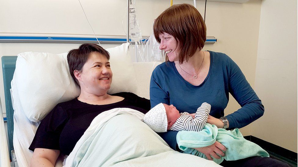 Ruth Davidson pictured after the birth of her son, Finn, with her partner, Jen Wilson