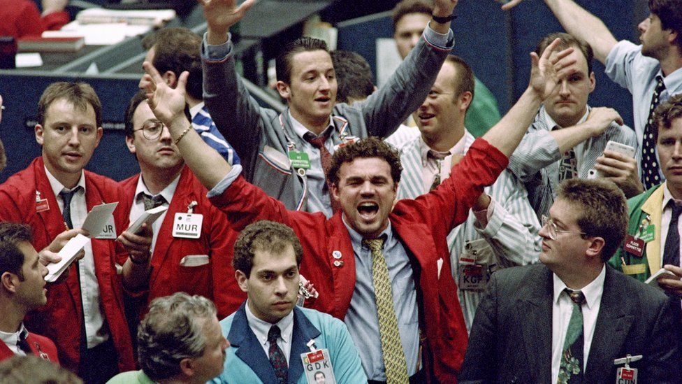 Traders on the floor of the London International Financial Futures and Option Exchange, 1992