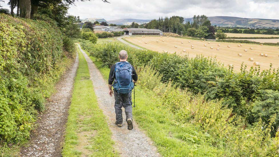 Solitary Caucasian adult male walking on path carrying backpack; image taken on Offa's Dyke National Trail in Wales, UK between Kington and Knighton in Powys, UK