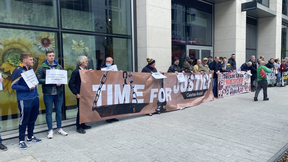 Families and campaigners outside NIO office in Belfast