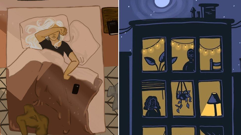 Drawings show a woman lying in bed, covering her face, and lit-up windows of a shared building complex
