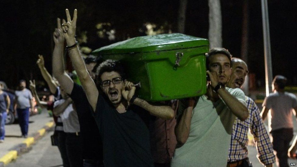 People carry one of the coffins of one of the victims of a suicide bombing through the streets of Gaziantep, following the attack in which killed at least 31 in a southern Turkish town, 20 July 2015.