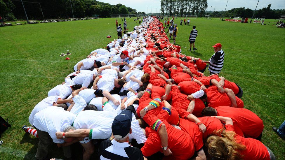 Rugby players attempt a scrum world record at University Fields in the Llanrumney area Cardiff