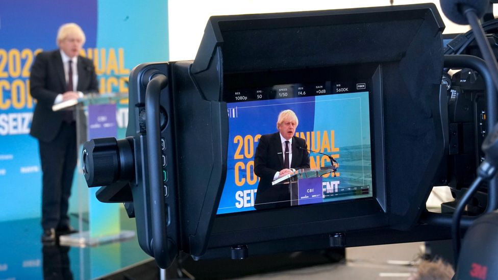 Boris Johnson seen in monitor display of a TV video camera whilst speaking during the CBI (Confederation of British Industry) annual conference, at the Port of Tyne, in South Shields. Picture date: Monday November 22, 2021