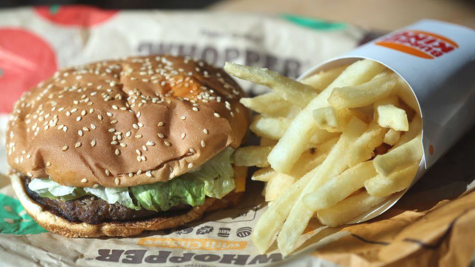 A Burger King Whopper hamburger is displayed in San Anselmo, California.