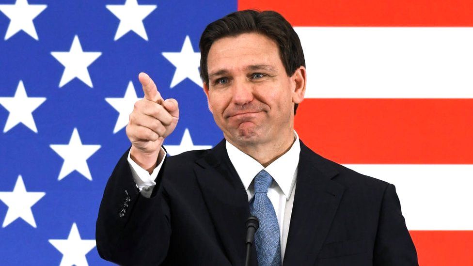 Florida Governor Ron DeSantis calls on a member of the media at a press conference at the American Police Hall of Fame & Museum in Titusville, Florida on 1 May 2023