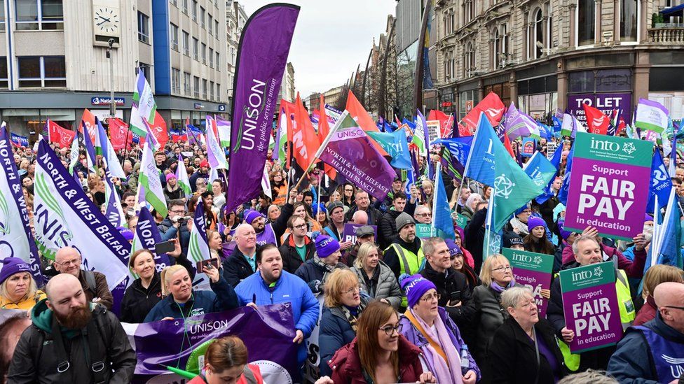 Teaching staff and healthcare workers at a rally in Belfast city centre