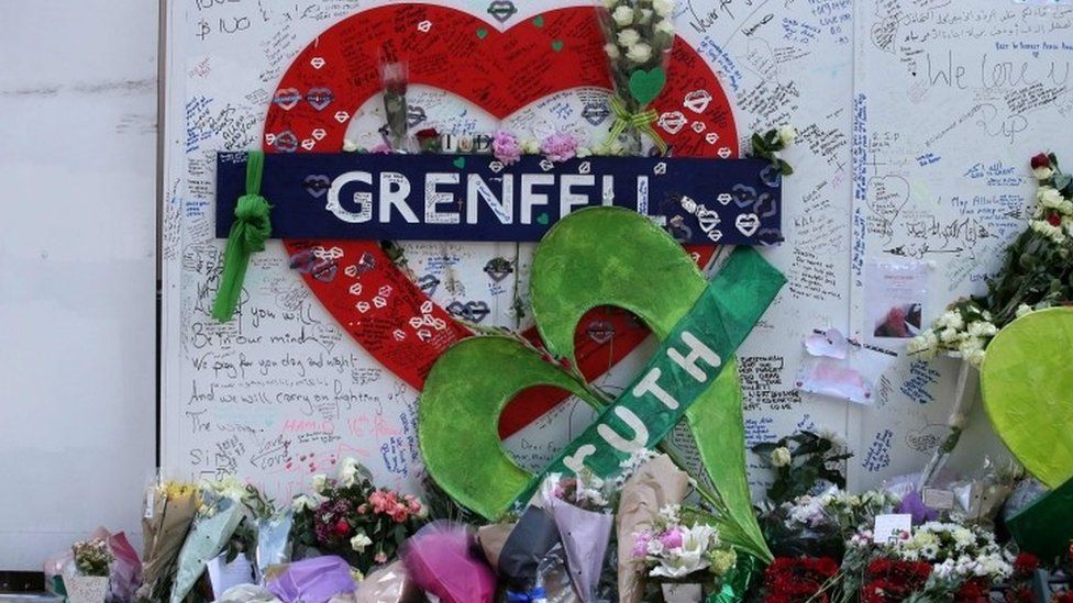 Tributes at a memorial at the base of Grenfell Tower, 2018