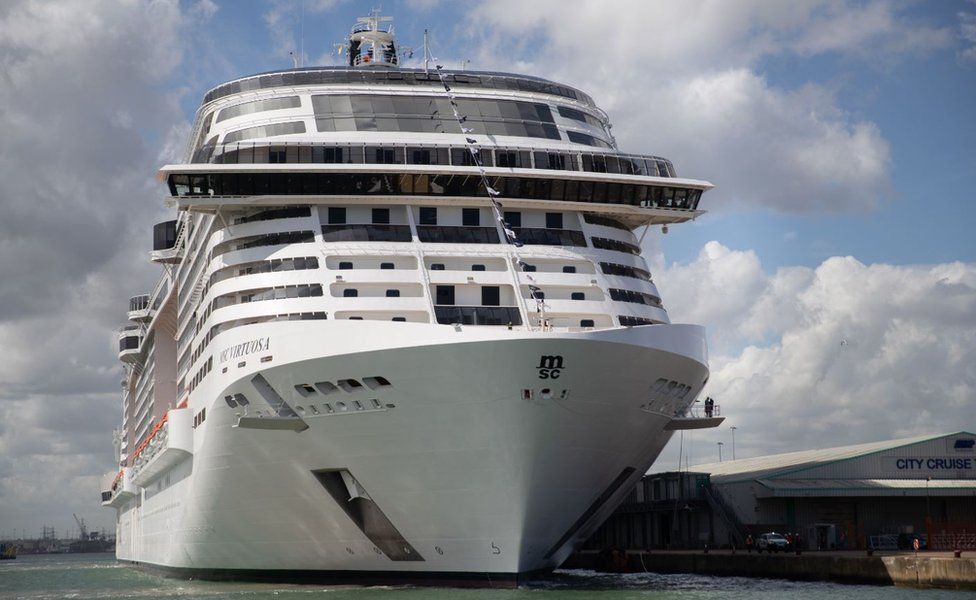 The MSC Virtuosa pictured front the front on a clear day, while docked in Southampton in May 2021