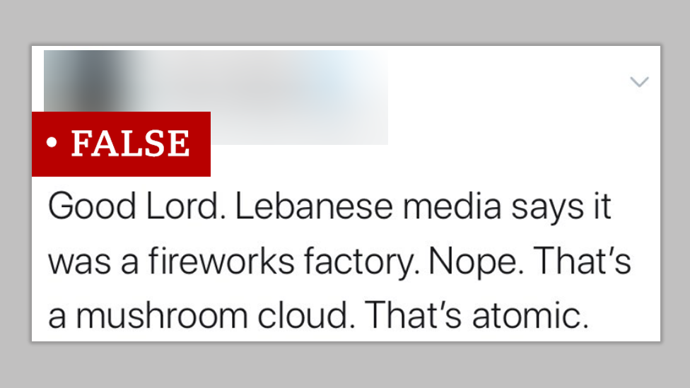 Screenshot of a post making the false claim that the mushroom cloud created by the explosion in Beirut was "atomic". We labelled the post "false"