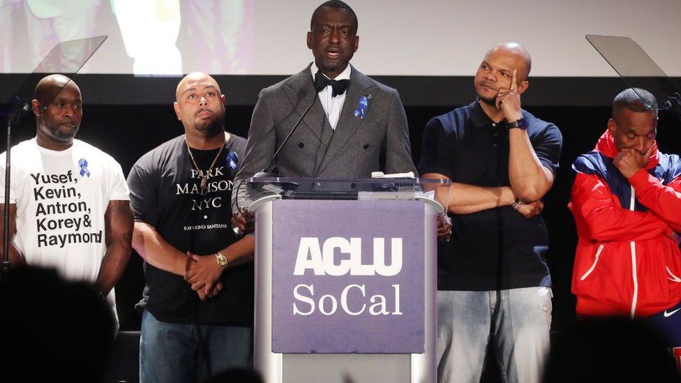 The Central Park Five appear on stage at the American Civil Liberties Union (ACLU) of Southern California's 25th annual awards luncheon