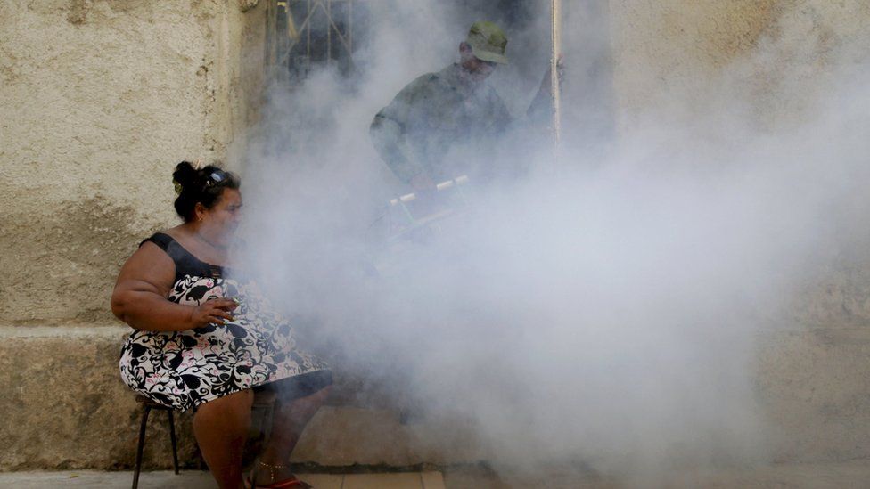 A woman smokes while a Cuban military reservist fumigates inside a home as part of the preventive measures against the Zika virus and other mosquito-borne diseases in Havana on the outskirts of Cuba, March 16, 2016