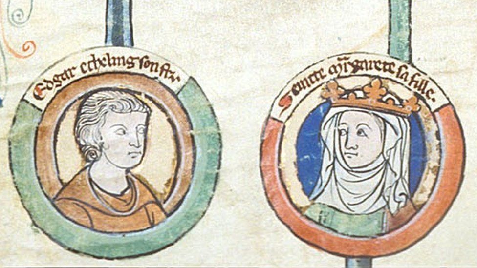 Edgar the Aetheling and his sister Saint Margaret of Scotland, as imagined on a 14th-century manuscript in the British Library.