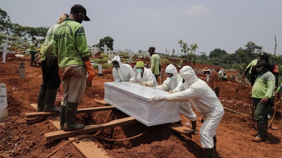 Workers clad in hazmat suits bury the coffin of a person who died coronavirus in Jakarta, Indonesia, 23 September 2020