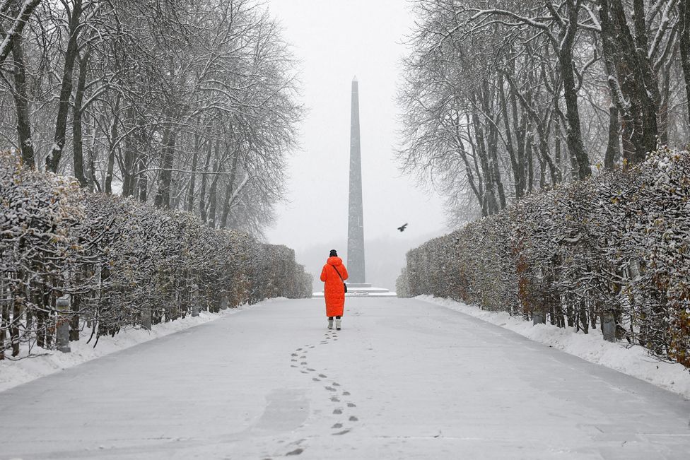 A woman walks in a snow covered park during a first snowfall, amid Russia's attack in Ukraine, in Kyiv, Ukraine November 22, 2023.