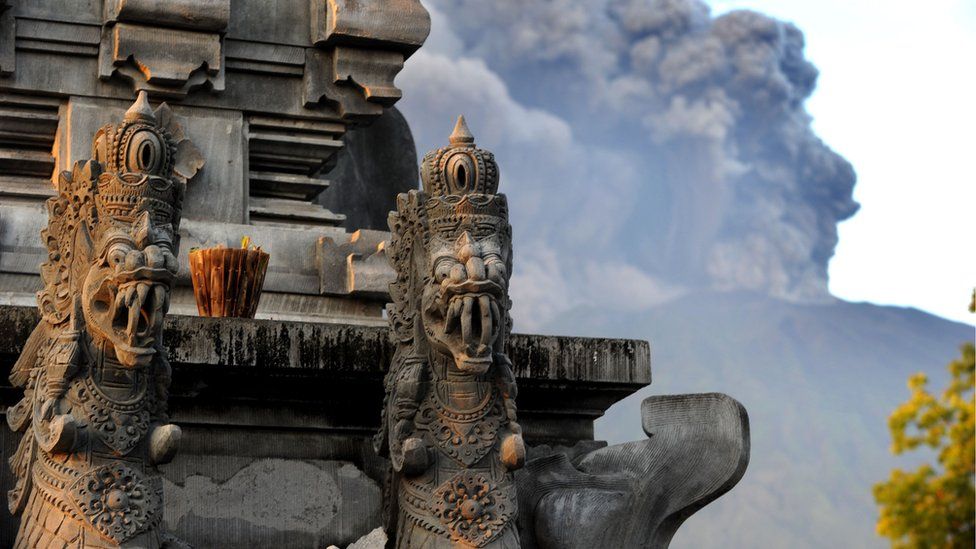 Balinese temple in front of Mount Agung.