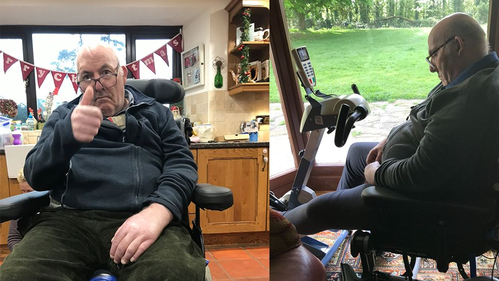 Two photos, one showing Roger in a wheel chair giving a thumbs up and another of him on a physio machine working his legs