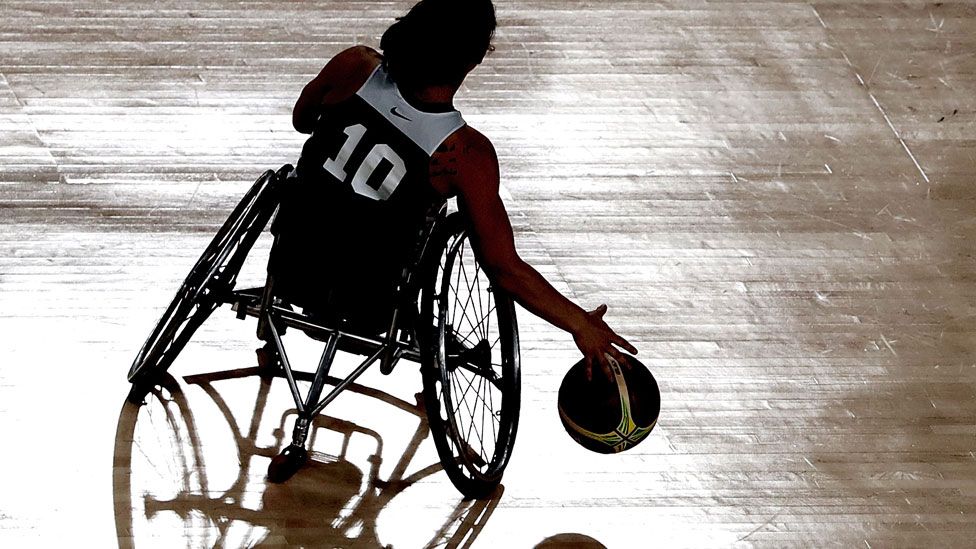 A Paralympic basketball player practising in Rio, Brazil - September 2016