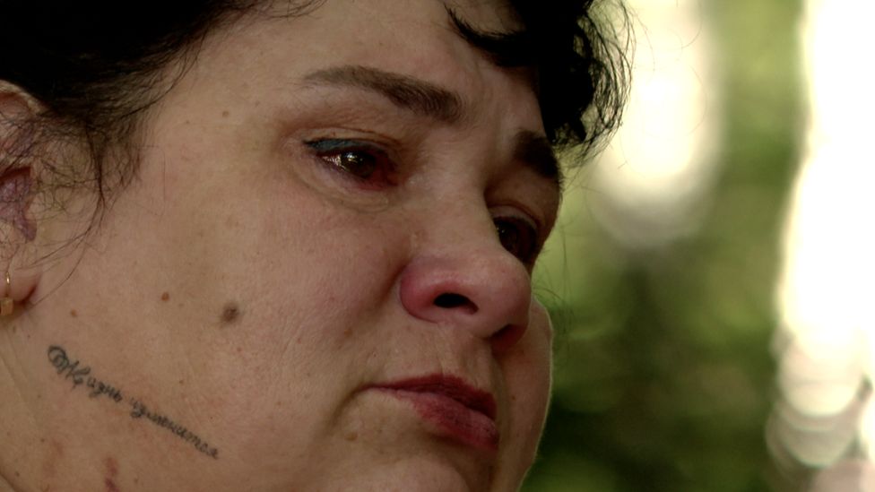 An emotional Nina Chubarina whose son died fighting in Ukraine