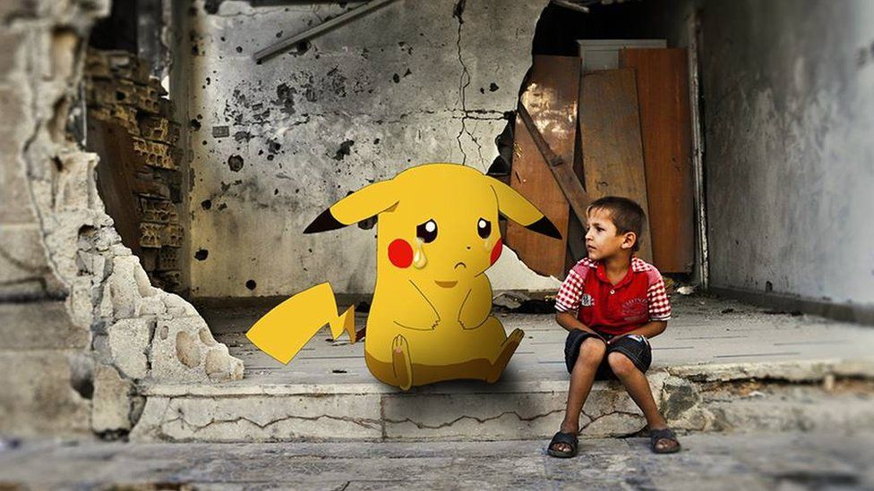 Pokemon in tears next to boy in Syrian war scene