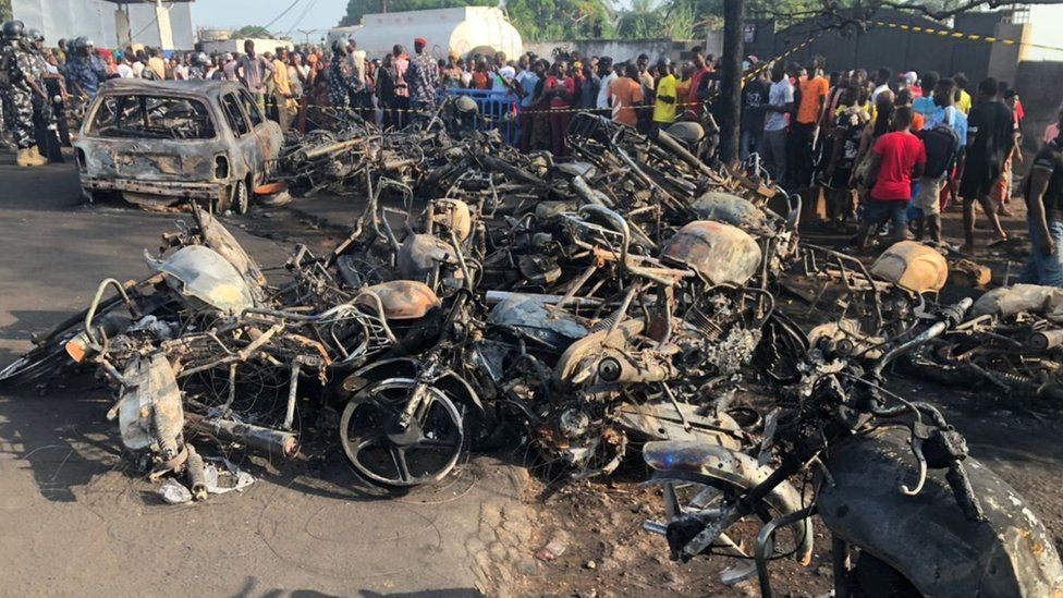 The shells of burnt out cars and motorcycles left destroyed by Friday's blast