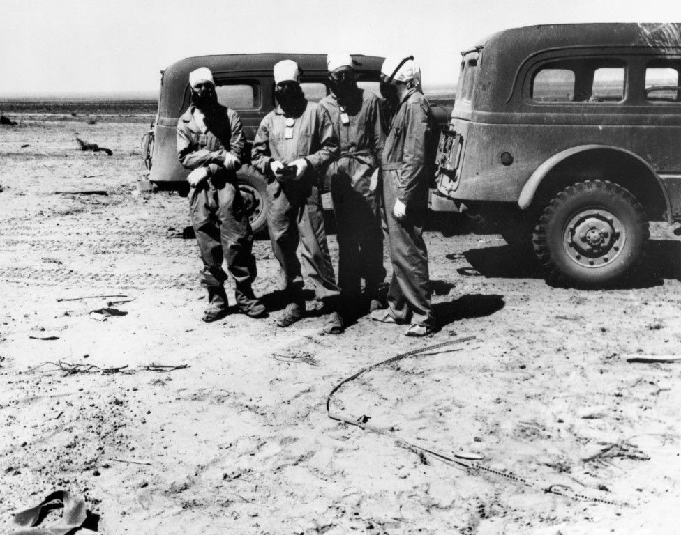 Inspection team at Ground Zero, Trinity Test in 1945