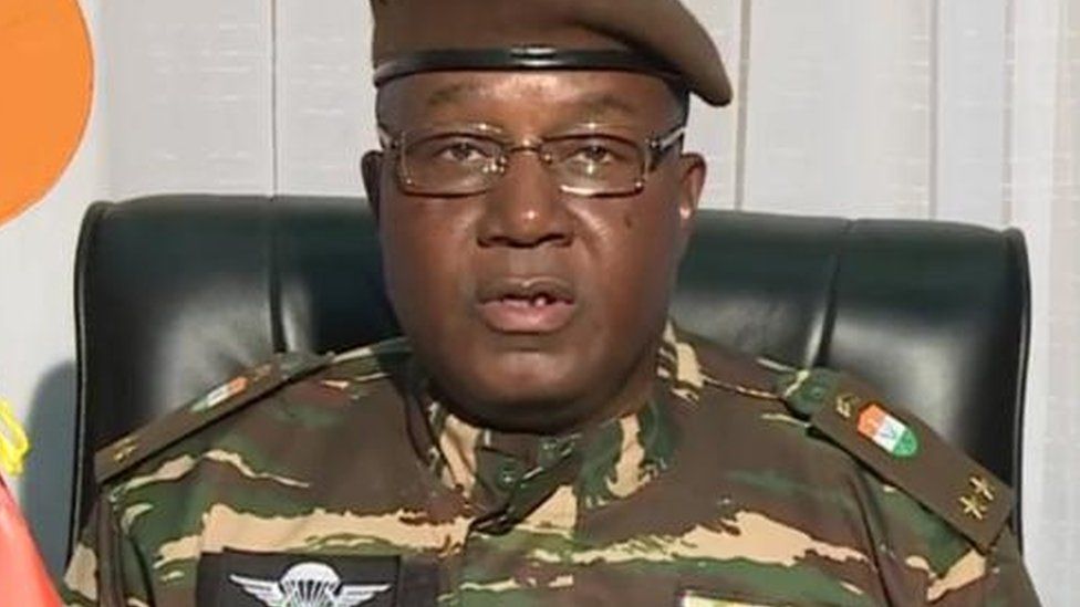 General Abdourahmane Tiani (has also been referenced as Abdourahmane Tchiani and Omar Tchiani) makes a televised address to the nation of Niger explaining the reasons for the coup, 28 July 2023. President Mohamed Bazoum is being held captive by his own guards