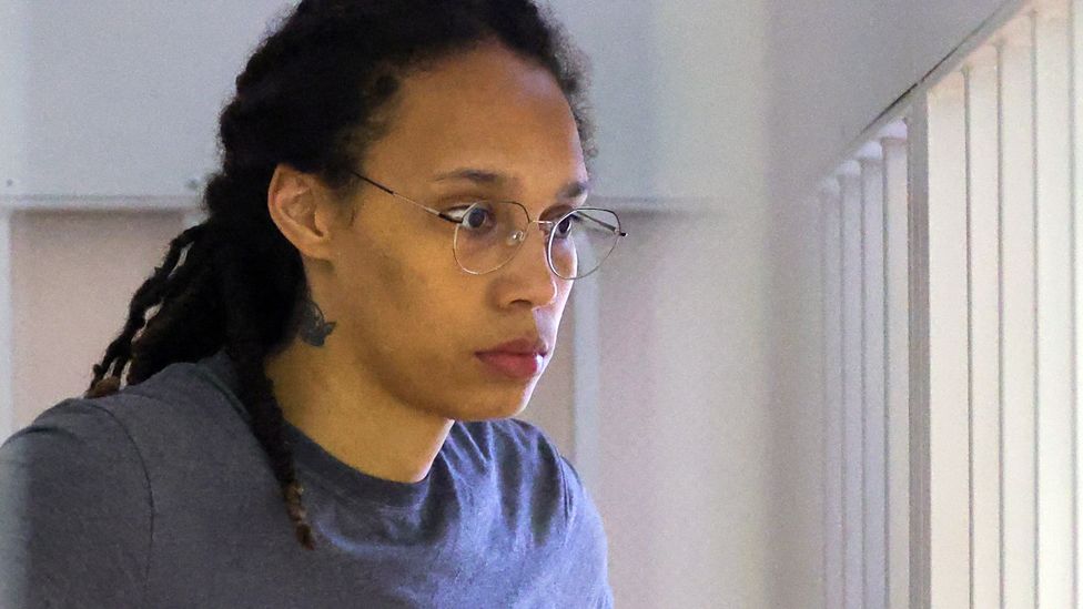 U.S. basketball player Brittney Griner, stands inside a defendants' cage before the court's verdict in Khimki outside Moscow, Russia 4 August2022
