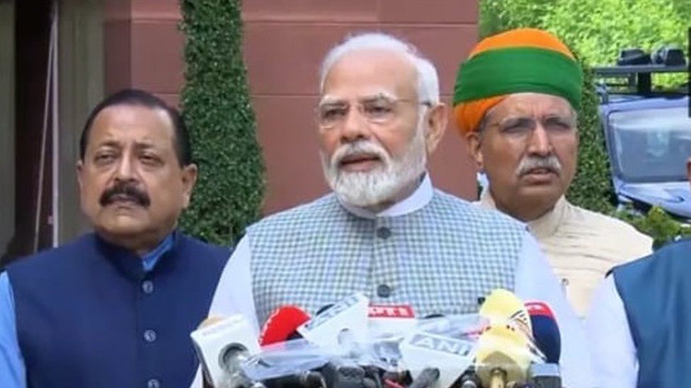 Mr. Narendra Modi speaks to reporters ahead of the parliament session