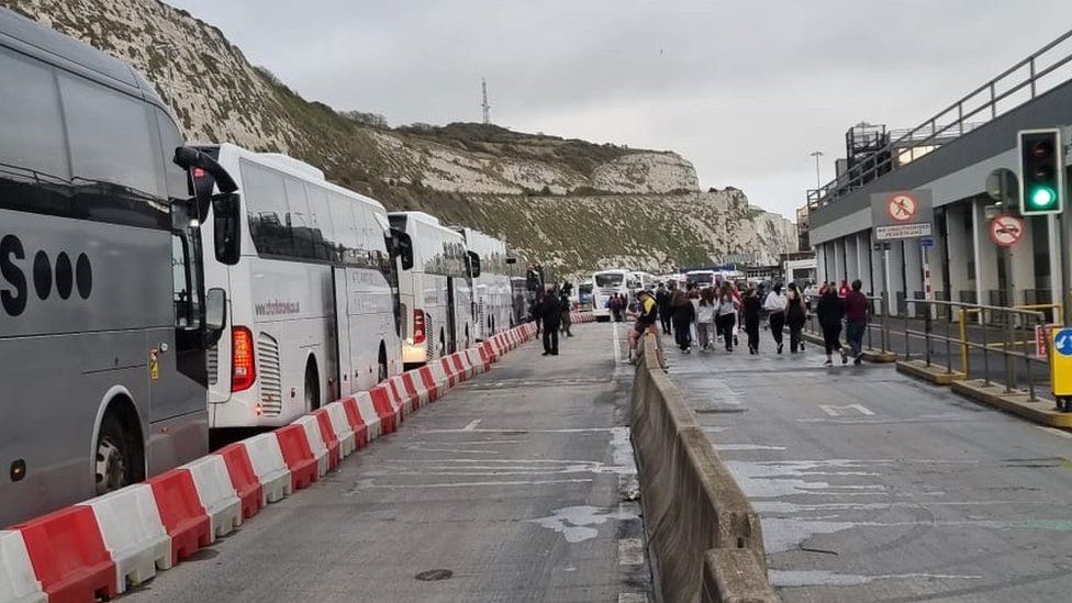 A queue of coaches at Dover