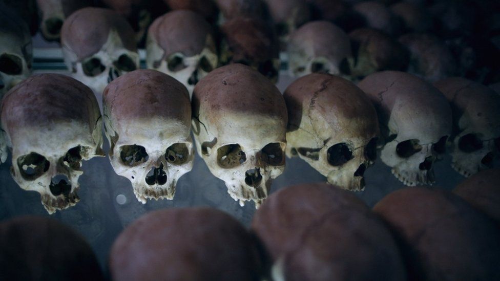 Skulls at the Ntarama Catholic Church genocide memorial in Rwanda - archive shot