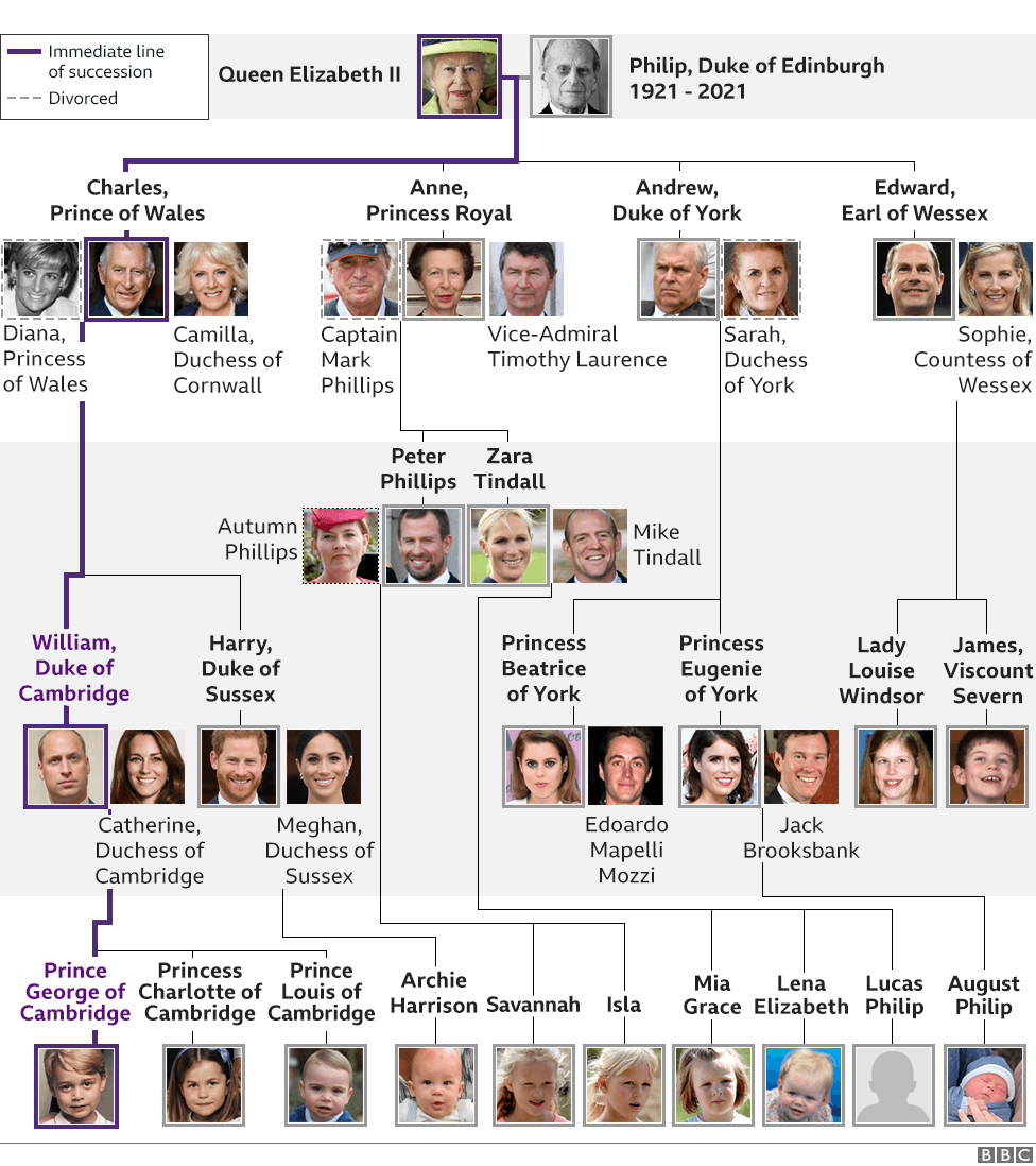 Graphic showing Royal Family tree. Updated 9 April 2021