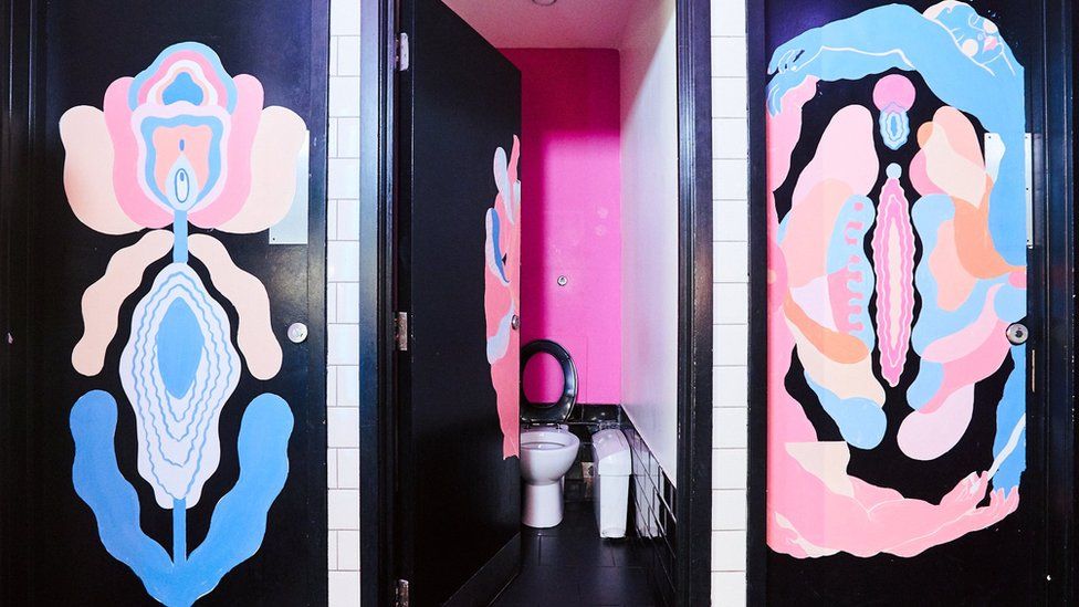 Oliwia's designs on cubicle doors at the Queen of Hoxton bar in London