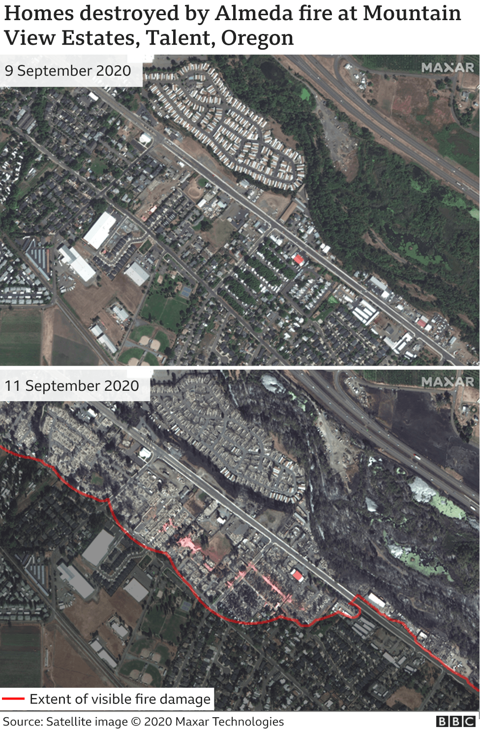 Before and after image showing fire damage in Talent, Oregon