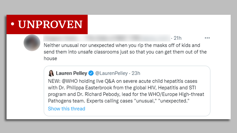 Twitter post labelled UNPROVEN reading: "Neither unusual no unexpected when you rip the masks off of kids and send them into unsafe classrooms just so you can get them out of the house"