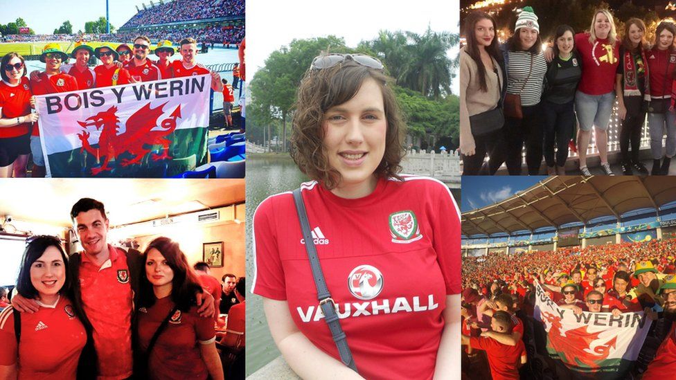 various pictures of Ffion Owen supporting Wales