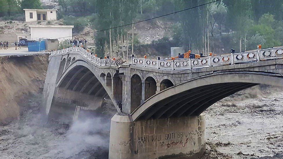 A bridge damaged by a glacial lake outburst