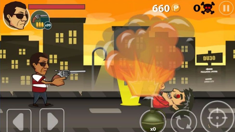 A screenshot of "Duterte Shooting Crime" shows a caricature of the president holding a revolver while an explosion hits a man lying on the ground