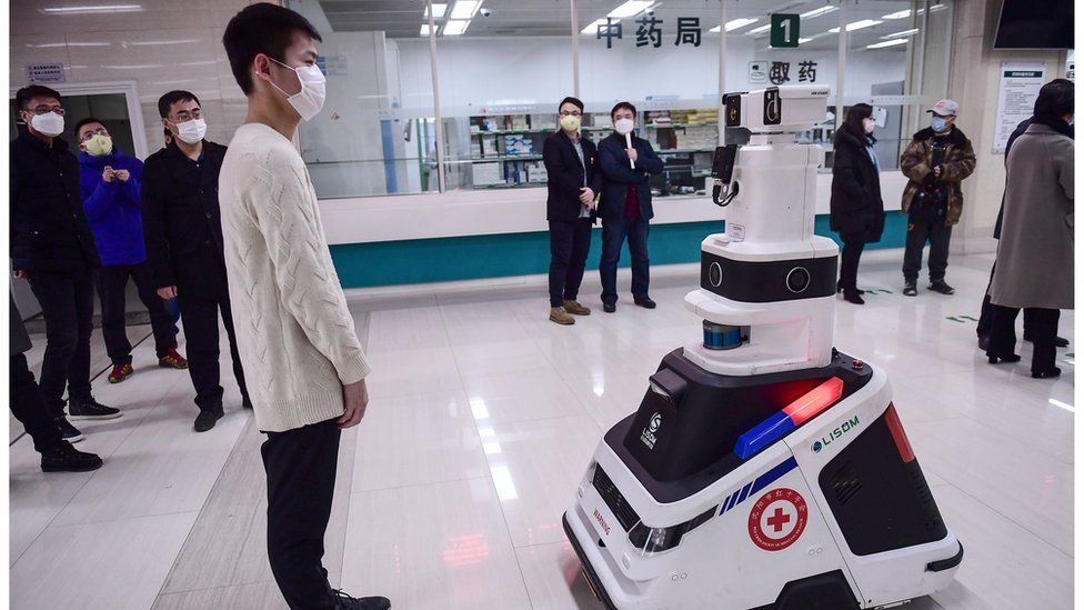 A robot on display at a hospital in China amid the virus outbreak