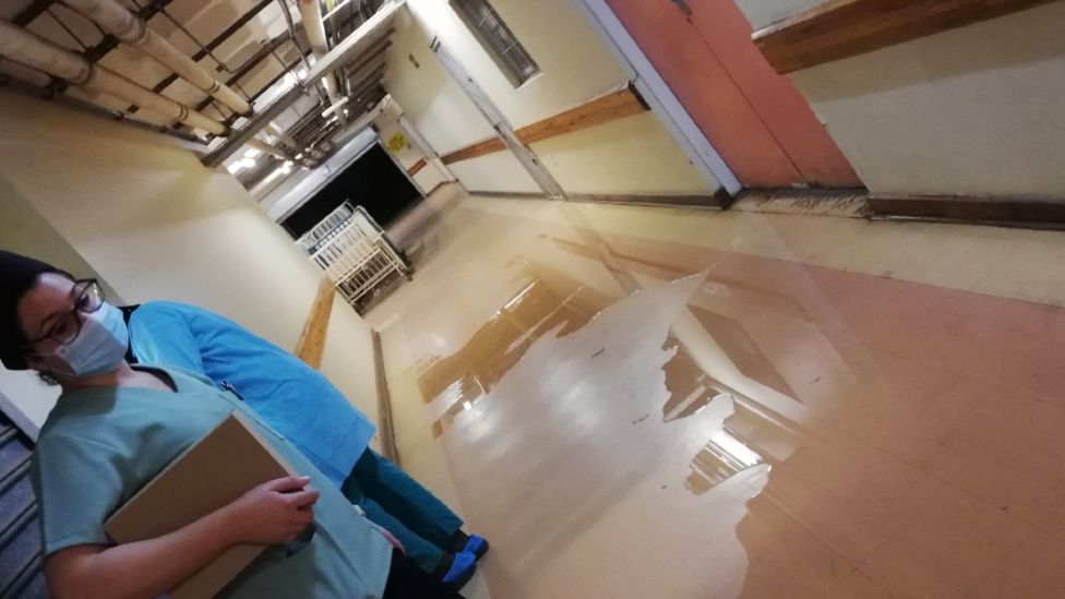 A flooded corridor at Dora Nginza Hospital in South Africa