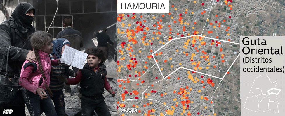 Mapa que muestra los daños en Hamouria, Guta Oriental