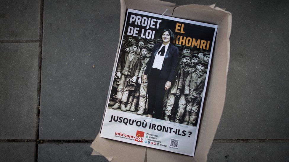 Posters created by a French union with a photo of Labour Minister Myriam El Khomri, asking how far will the reforms go