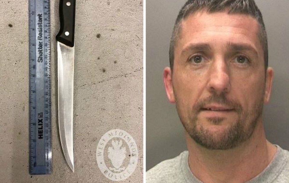 Adrian Brock and the knife he used to try to kill his victim