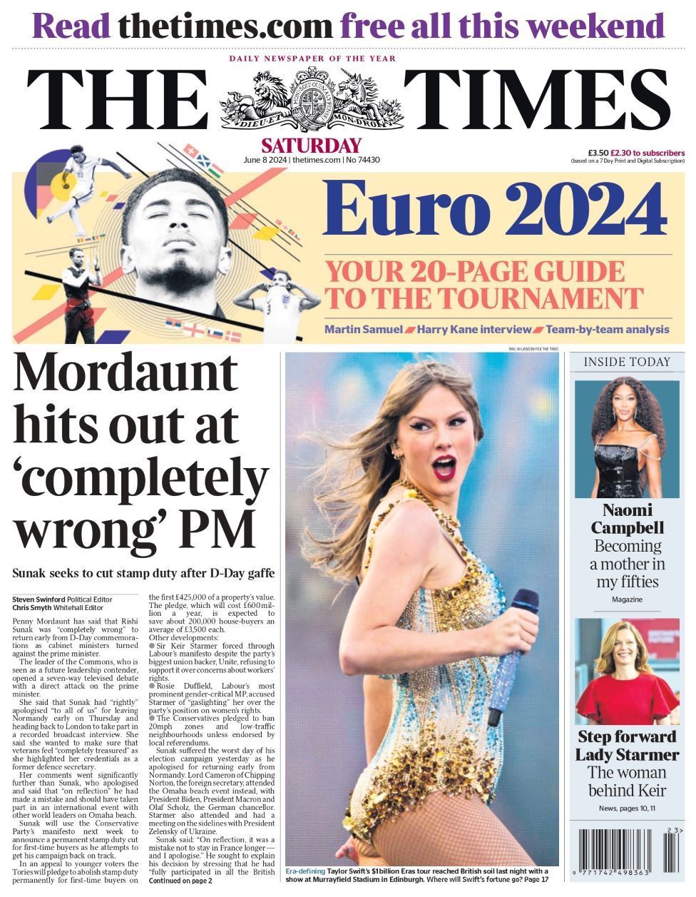 The front page of the Times reads: “Mordaunt hits out at ‘completely wrong’ PM