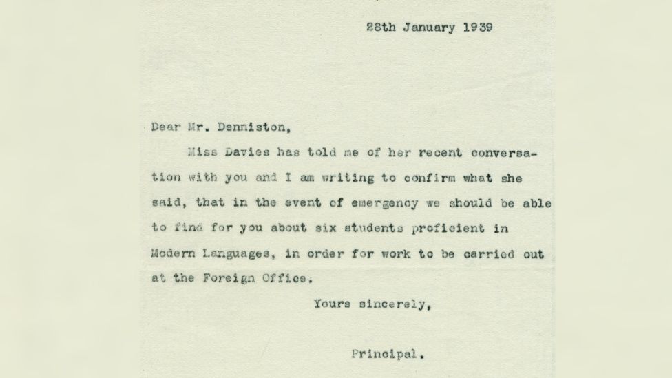 A letter from Pernel Strachey writing as Principal to Commander Denniston