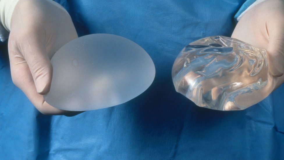 A silicone gel and a smooth saline breast implant