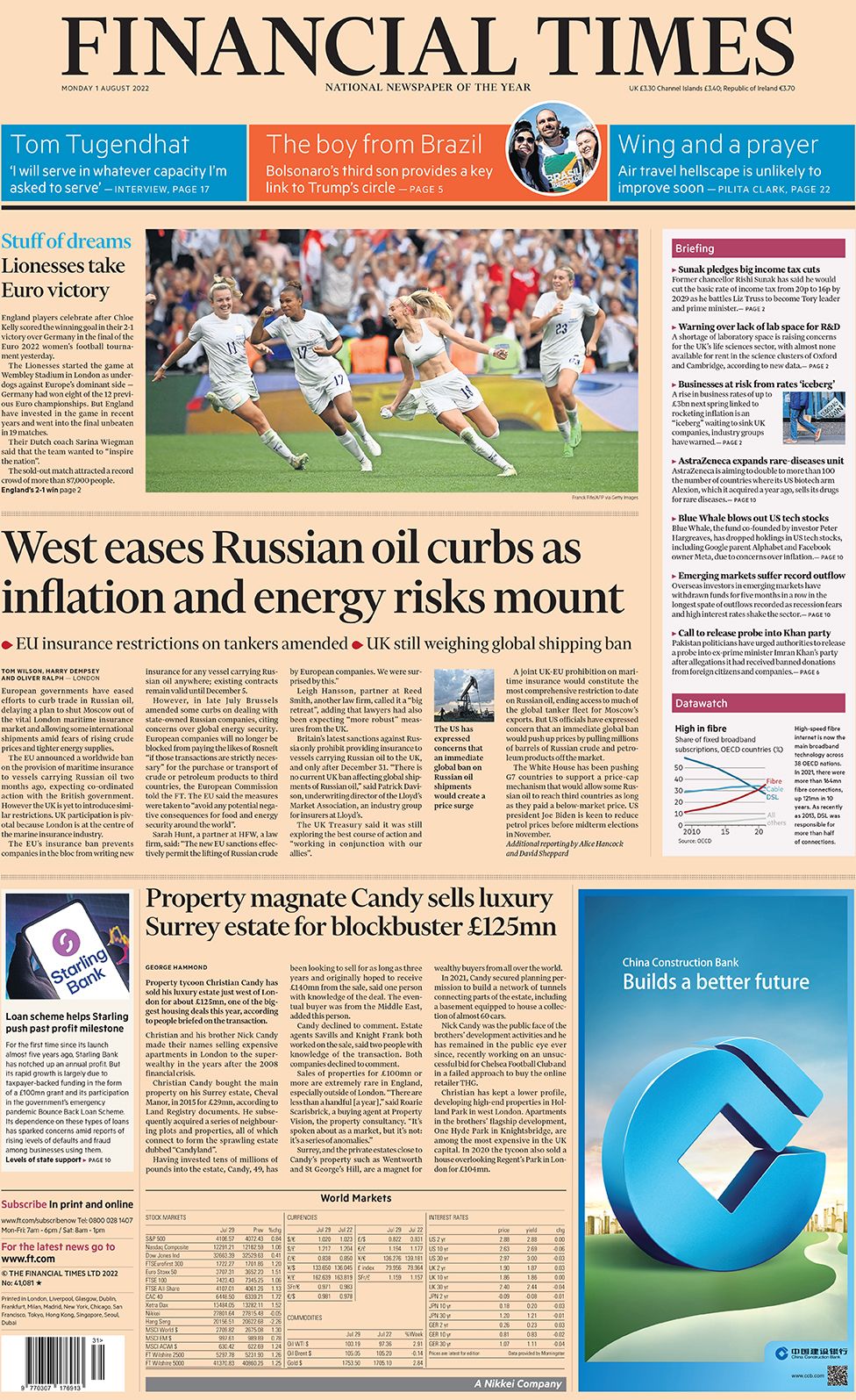 The Financial Times front page 1 August 2022