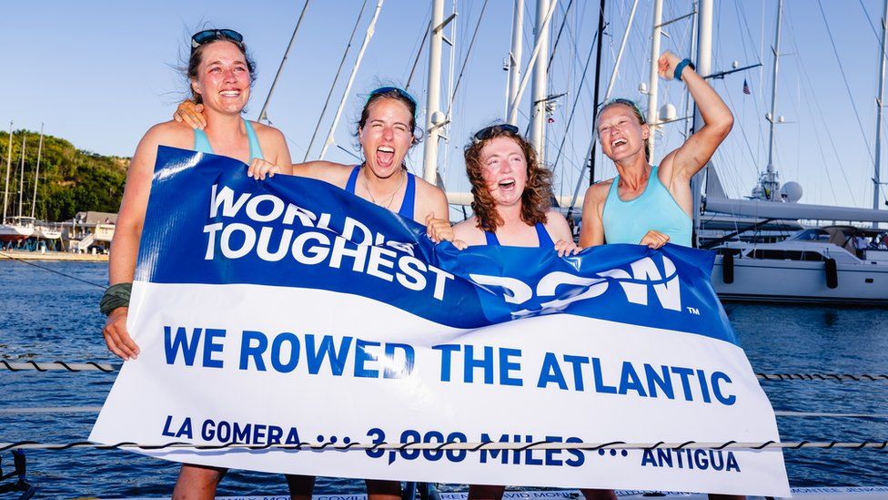 The There She Rows team rows 3,000 miles across the Atlantic Ocean, in a record-breaking 39 days, 12 hours and 25 minutes
