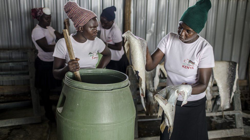 Two women place skins in tank which tans fish.